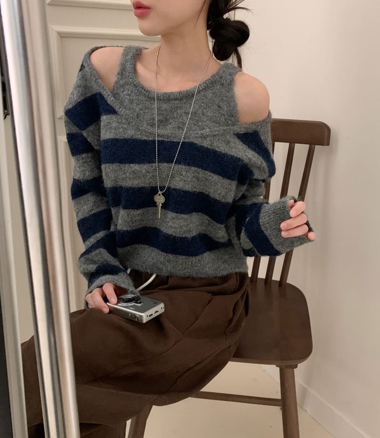 Striped Cold-Shoulder Mock-Layer Knitted Sweater