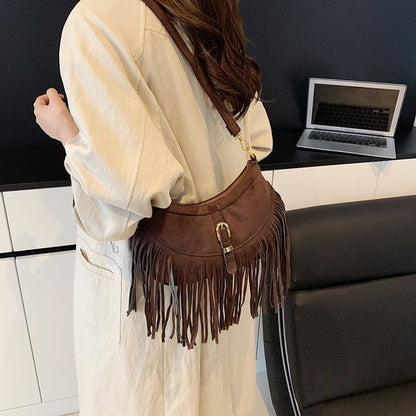 Buckled Fringed Hem Shoulder Bag