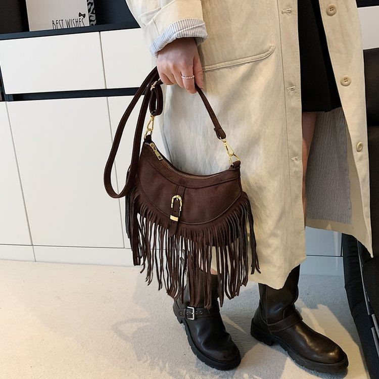 Buckled Fringed Hem Shoulder Bag