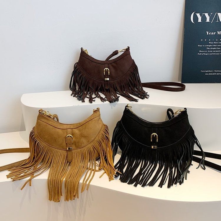 Buckled Fringed Hem Shoulder Bag