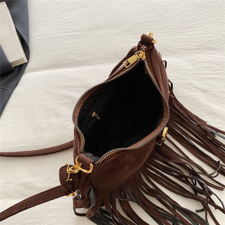 Buckled Fringed Hem Shoulder Bag