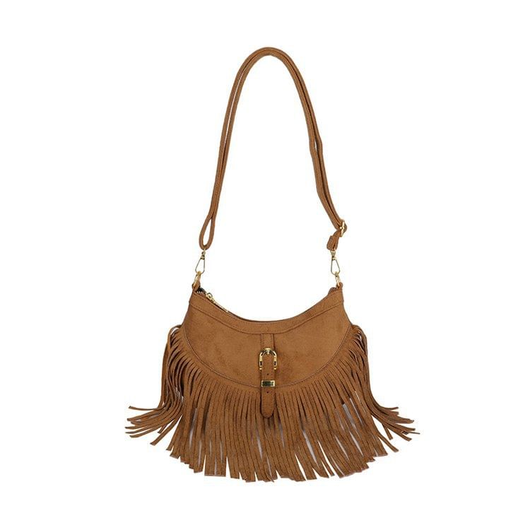 Buckled Fringed Hem Shoulder Bag