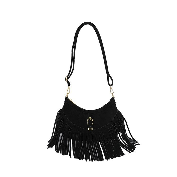 Buckled Fringed Hem Shoulder Bag