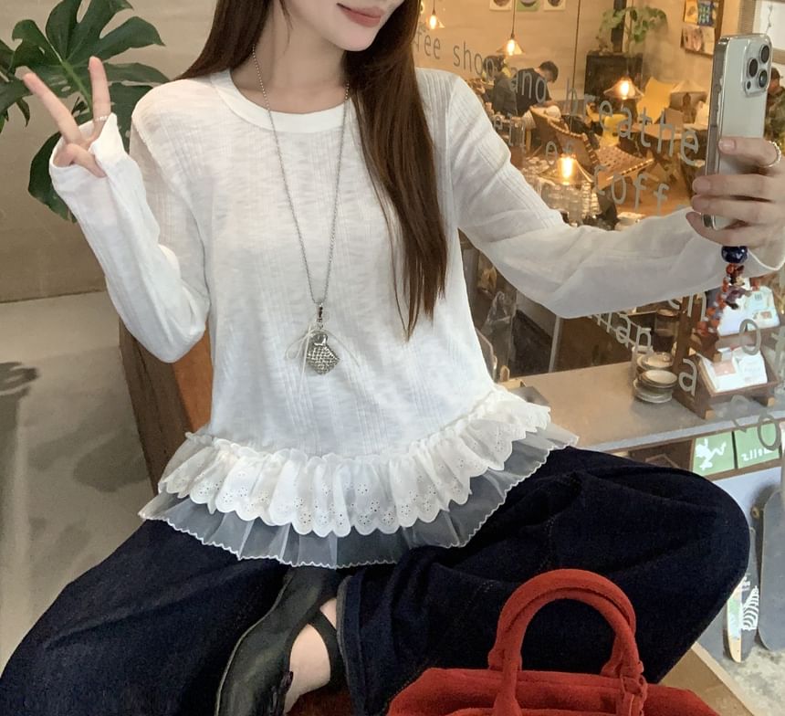 Round Neck Ruffle Panel Long Sleeve Top