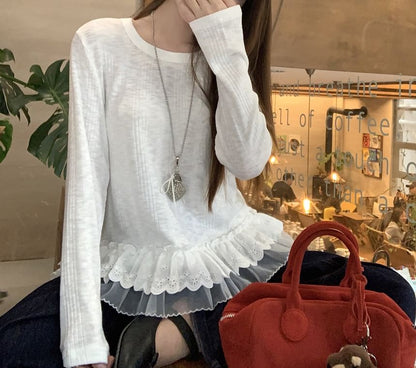 Round Neck Ruffle Panel Long Sleeve Top