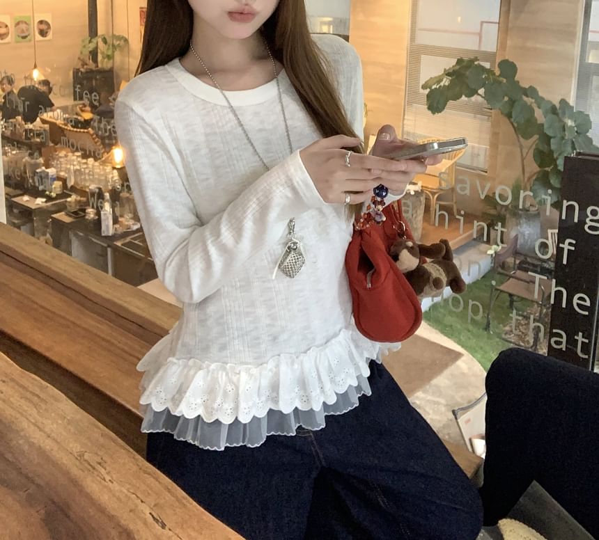 Round Neck Ruffle Panel Long Sleeve Top