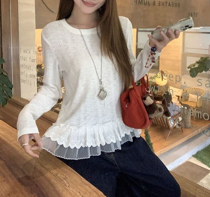 Round Neck Ruffle Panel Long Sleeve Top