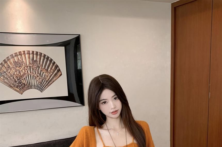 Set: Plain Cable Knit Slim-Fit Camisole Top + Long Sleeve Cardigan