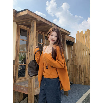 Set: Plain Cable Knit Slim-Fit Camisole Top + Long Sleeve Cardigan