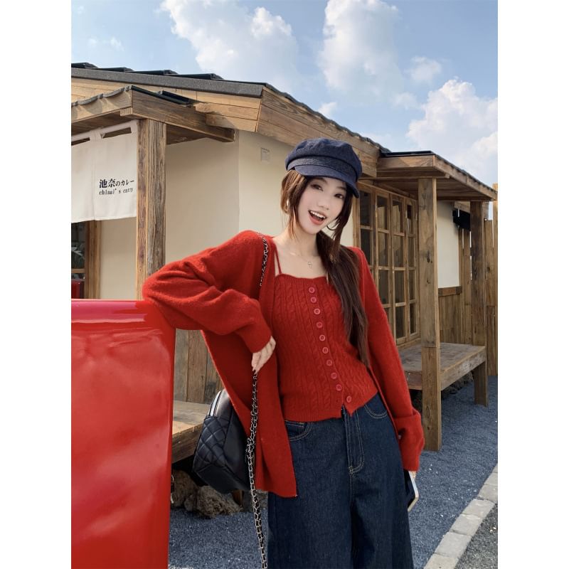 Set: Plain Cable Knit Slim-Fit Camisole Top + Long Sleeve Cardigan
