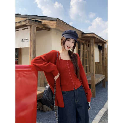 Set: Plain Cable Knit Slim-Fit Camisole Top + Long Sleeve Cardigan