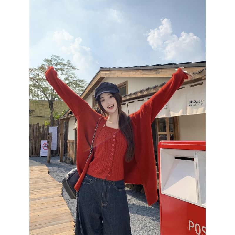 Set: Plain Cable Knit Slim-Fit Camisole Top + Long Sleeve Cardigan