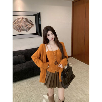 Set: Plain Cable Knit Slim-Fit Camisole Top + Long Sleeve Cardigan