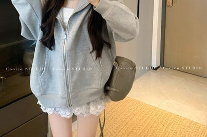 Oversized Zip Hoodie & Lace Trim Mini Skirt