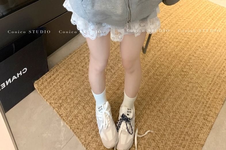 Oversized Zip Hoodie & Lace Trim Mini Skirt
