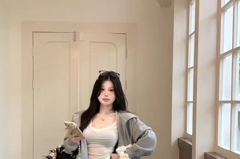 Oversized Zip Hoodie & Lace Trim Mini Skirt