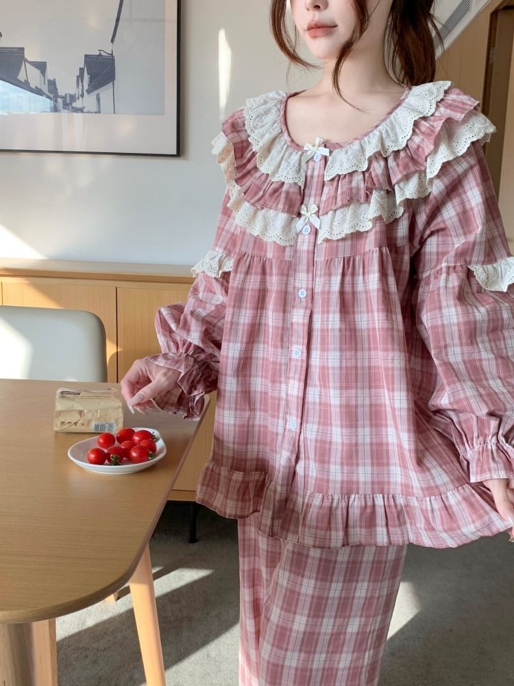 Plaid Lace Ruffle Button-Up Pajama Set