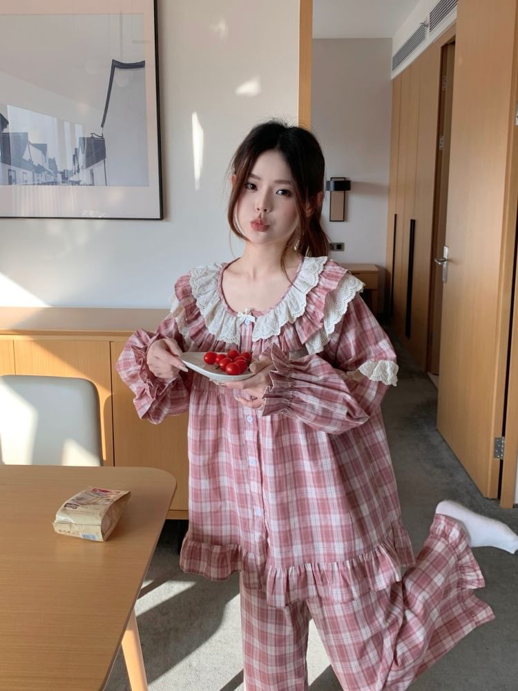 Plaid Lace Ruffle Button-Up Pajama Set