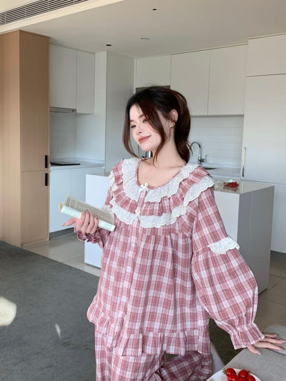 Plaid Lace Ruffle Button-Up Pajama Set