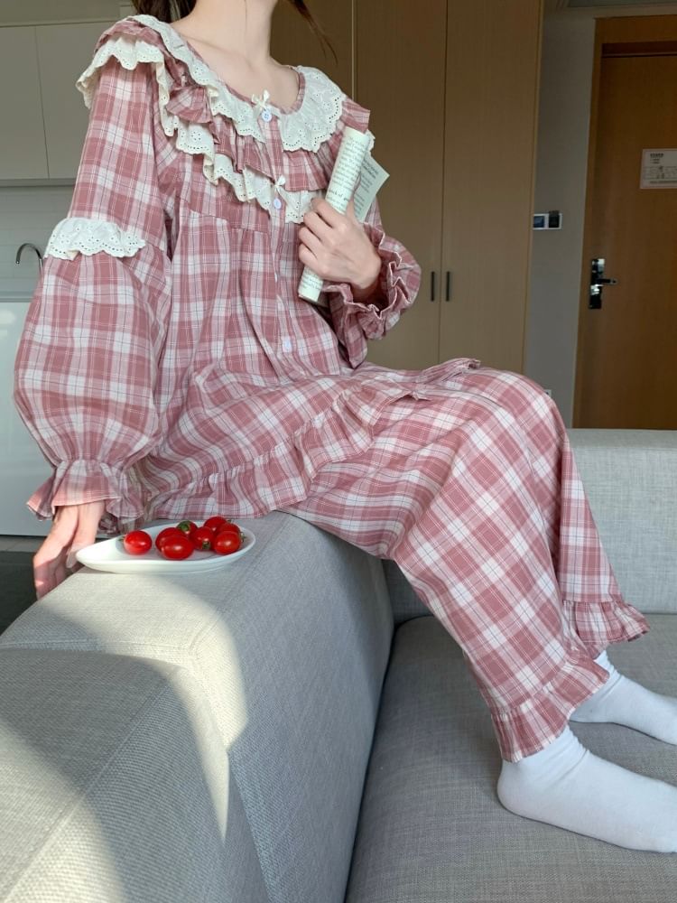 Plaid Lace Ruffle Button-Up Pajama Set