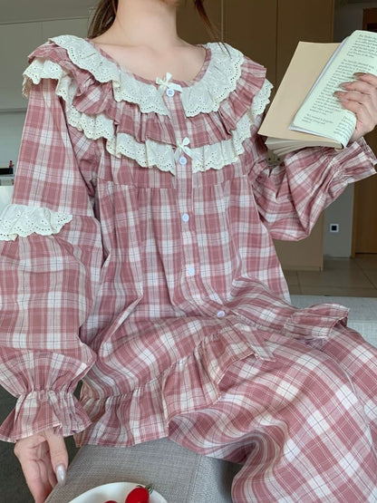 Plaid Lace Ruffle Button-Up Pajama Set