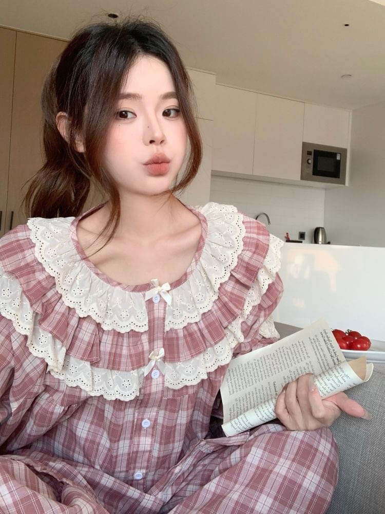 Plaid Lace Ruffle Button-Up Pajama Set