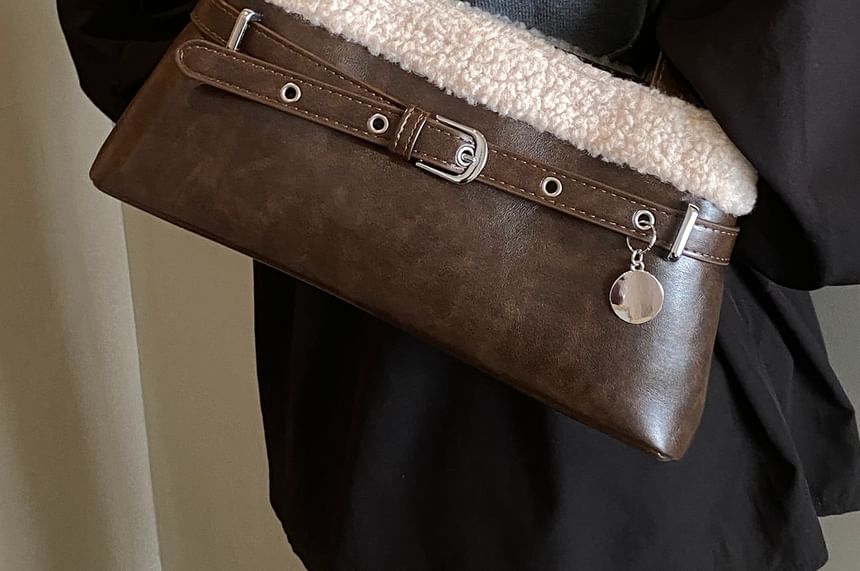 Fleece Panel Faux Leather Shoulder Bag