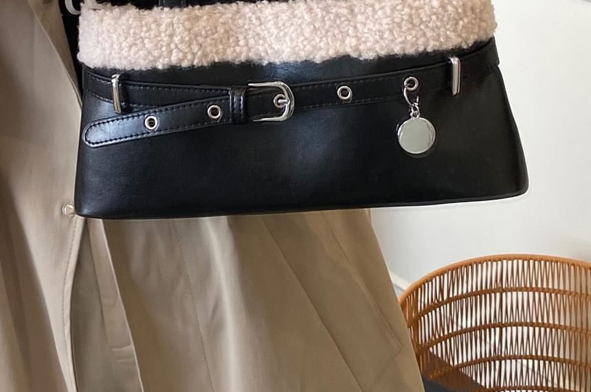 Fleece Panel Faux Leather Shoulder Bag