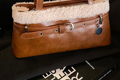 Fleece Panel Faux Leather Shoulder Bag