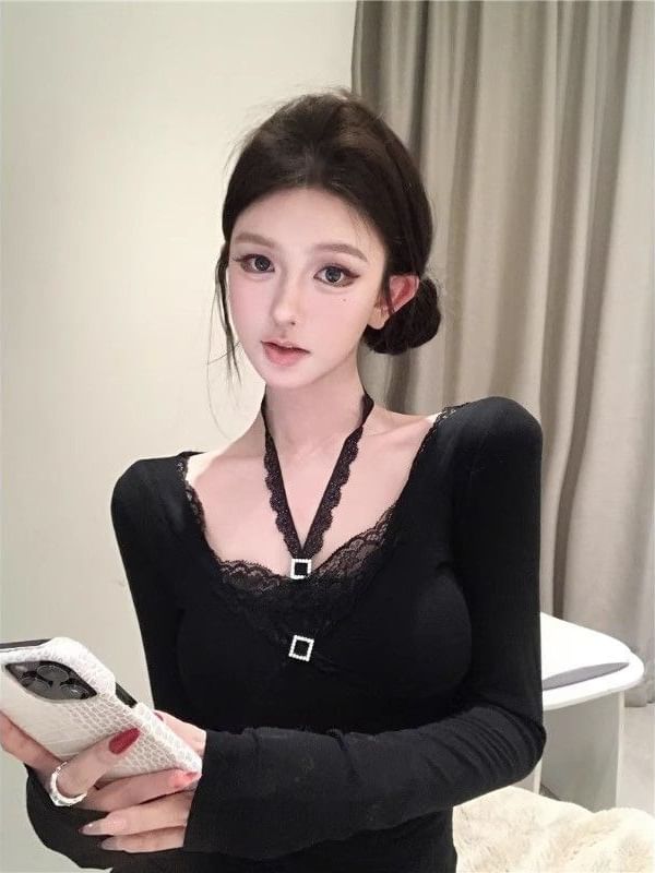 Halter Neck Lace Trim Long Sleeve Blouse