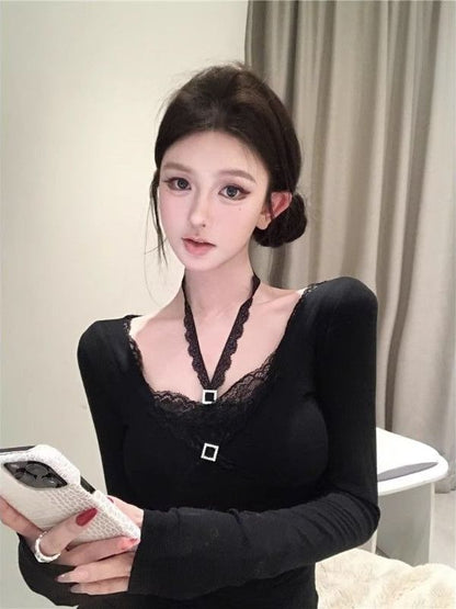 Halter Neck Lace Trim Long Sleeve Blouse