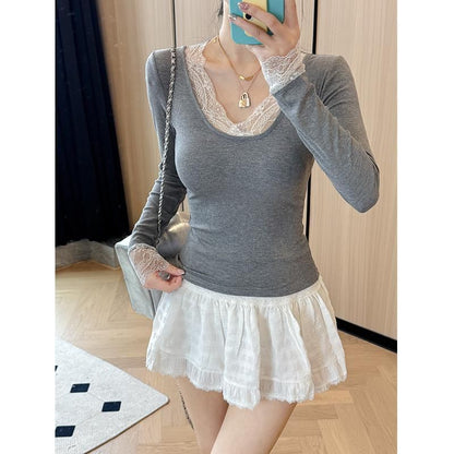 Knit Lace Trim Long Sleeve Top