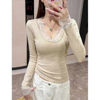 Knit Lace Trim Long Sleeve Top