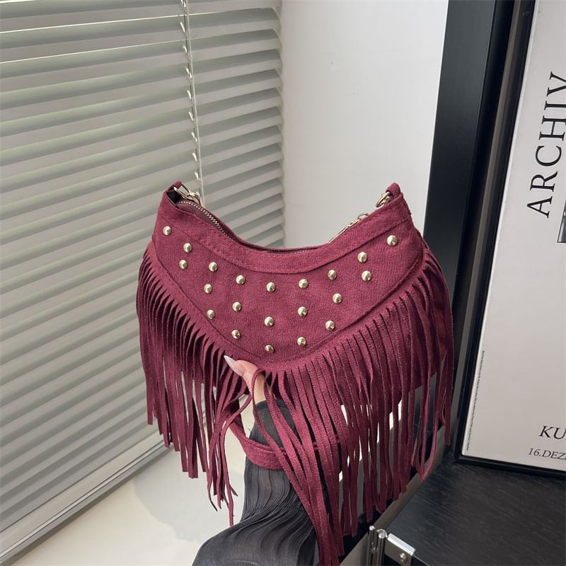 Studded Fringed Hem Shoulder Bag