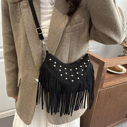 Studded Fringed Hem Shoulder Bag