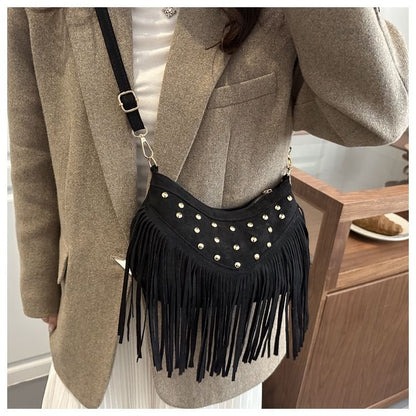 Studded Fringed Hem Shoulder Bag