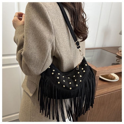Studded Fringed Hem Shoulder Bag