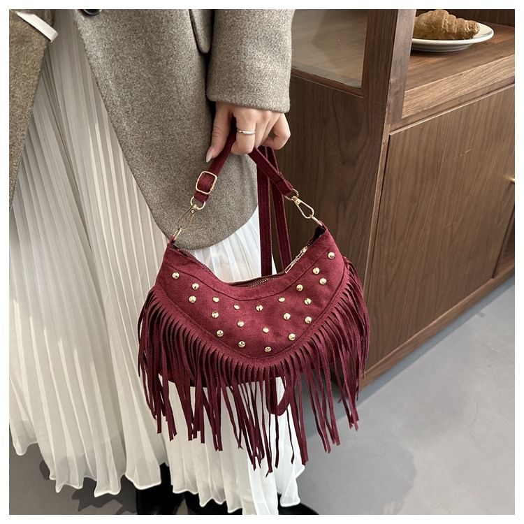 Studded Fringed Hem Shoulder Bag