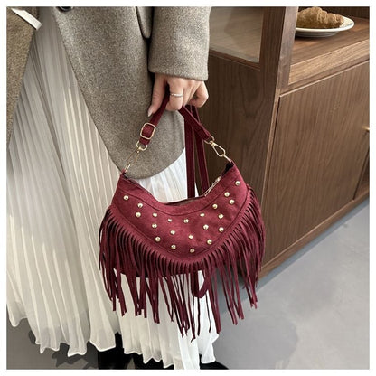 Studded Fringed Hem Shoulder Bag