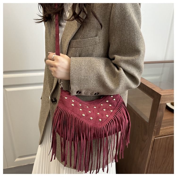 Studded Fringed Hem Shoulder Bag
