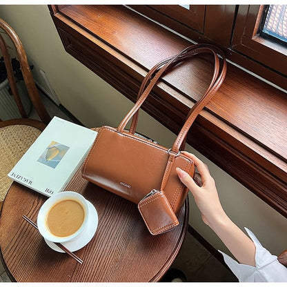 Set: Plain Faux Leather Shoulder Bag + Coin Purse