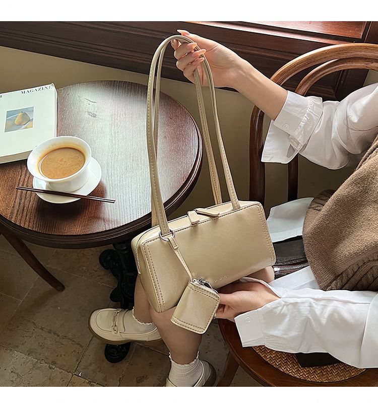 Set: Plain Faux Leather Shoulder Bag + Coin Purse