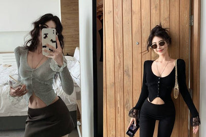 Scoop Neck Lace Button Crop Slim Fit Tee