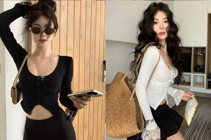 Scoop Neck Lace Button Crop Slim Fit Tee