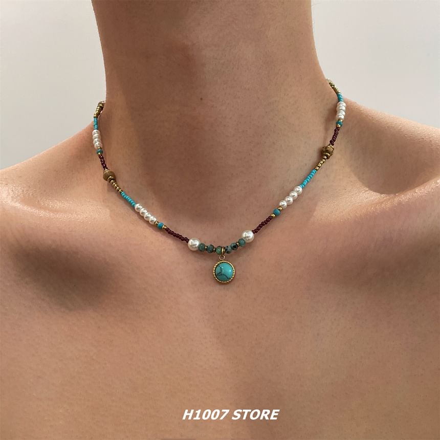 Faux Turquoise Pendant Faux Pearl Choker