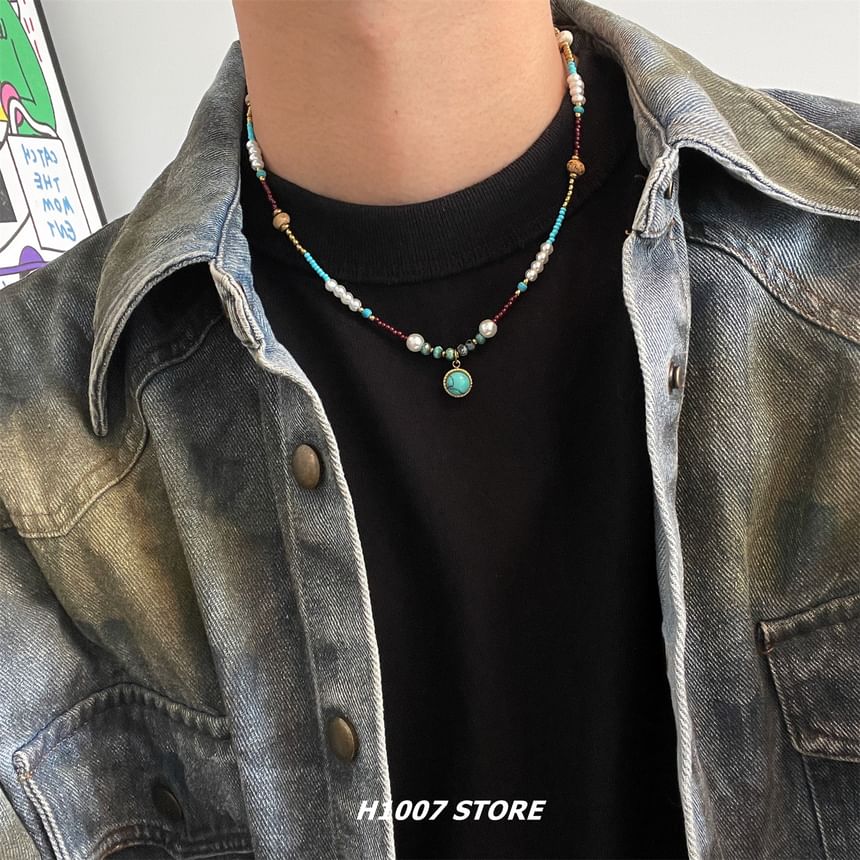 Faux Turquoise Pendant Faux Pearl Choker