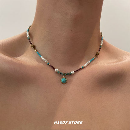 Faux Turquoise Pendant Faux Pearl Choker