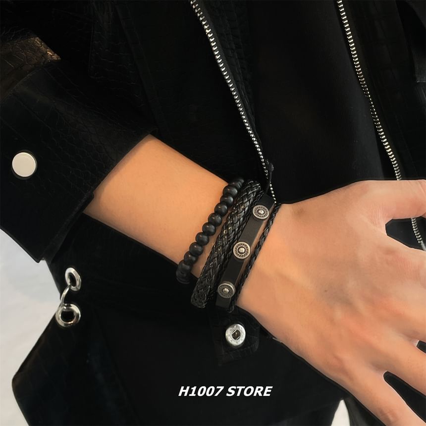 Alloy Disc Bead Faux Leather Layered Bracelet