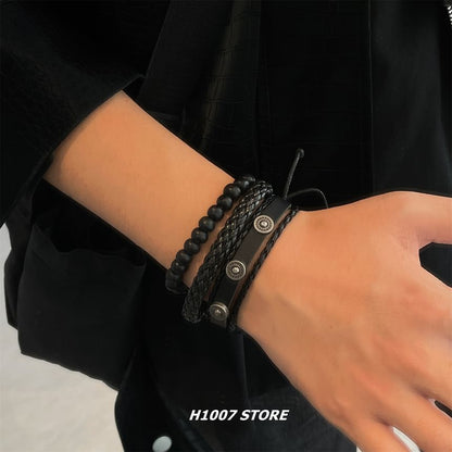 Alloy Disc Bead Faux Leather Layered Bracelet