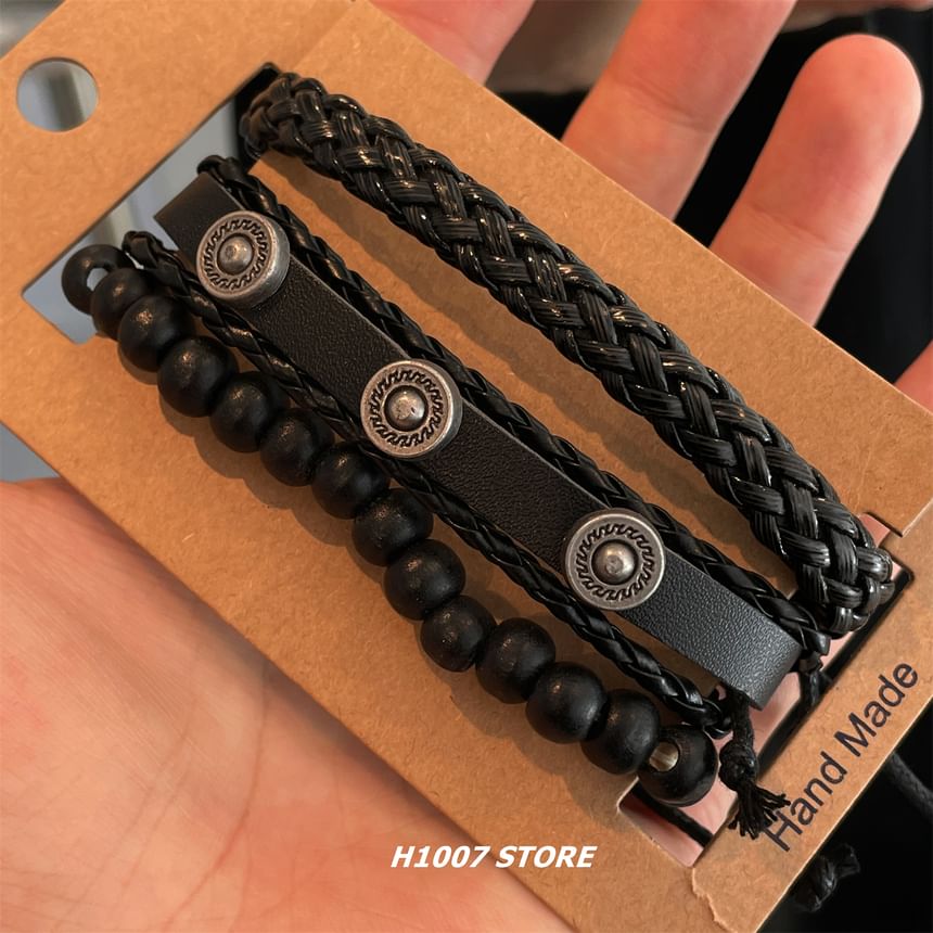 Alloy Disc Bead Faux Leather Layered Bracelet
